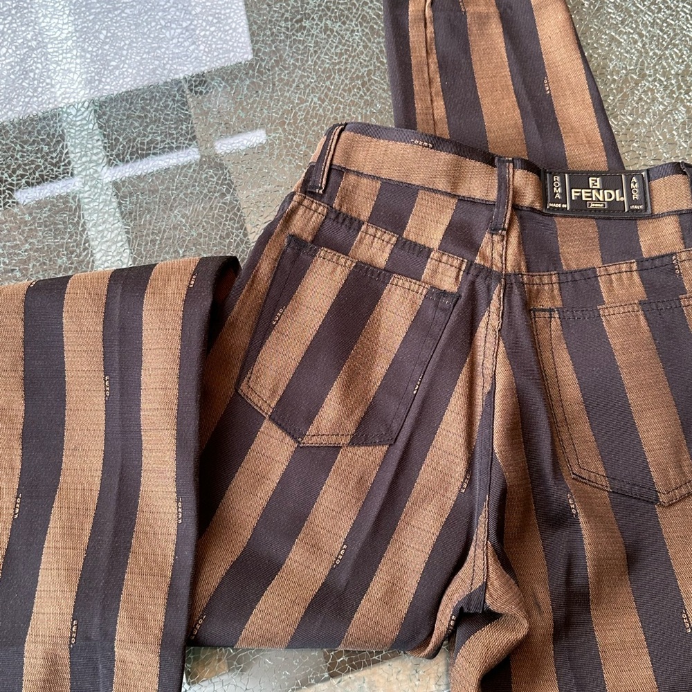FENDI BROWN ON BROWN STILT LEG STRIPED DENIM PANT SEXY ROMA AMOR EUC - Picture 4 of 14